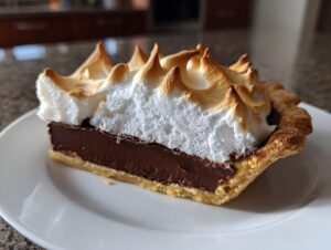 A perfect slice of chocolate meringue pie showing rich dark filling and tall, toasted meringue peaks.