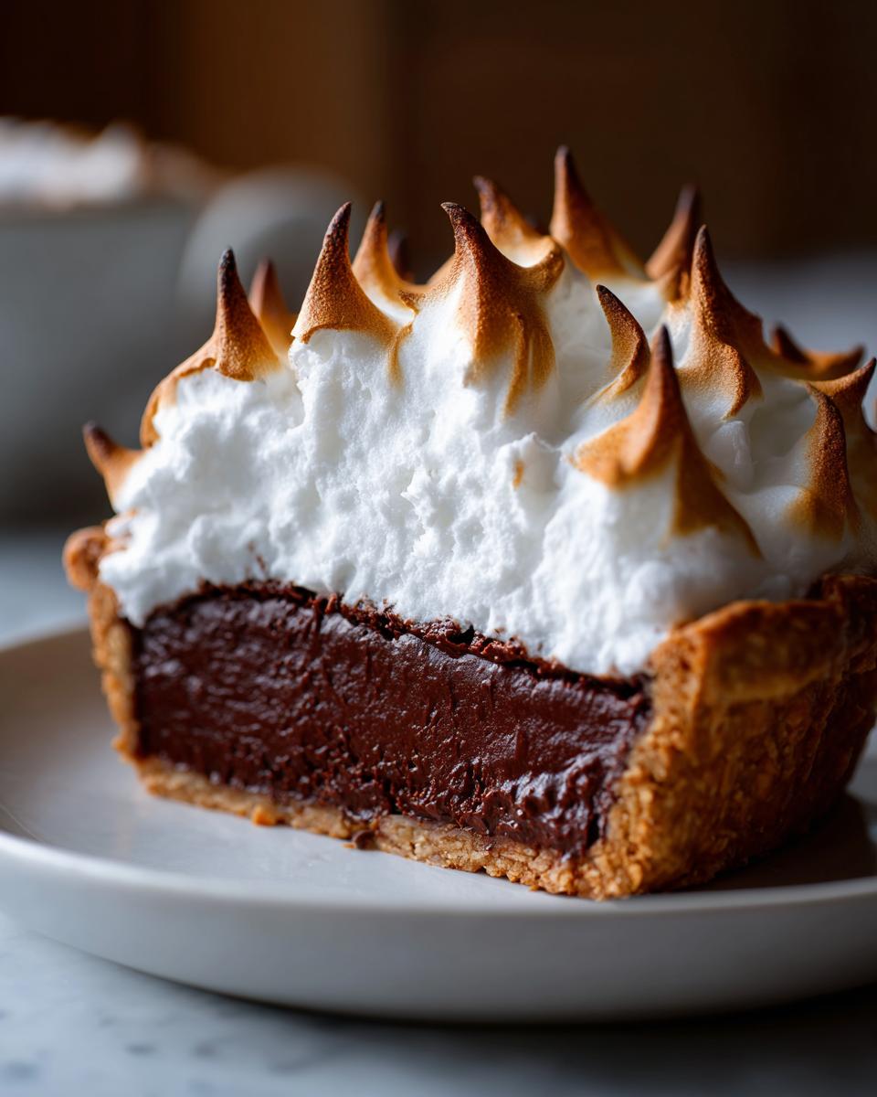 Close-up of a slice of chocolate meringue pie showing rich dark filling and tall, toasted meringue peaks.
