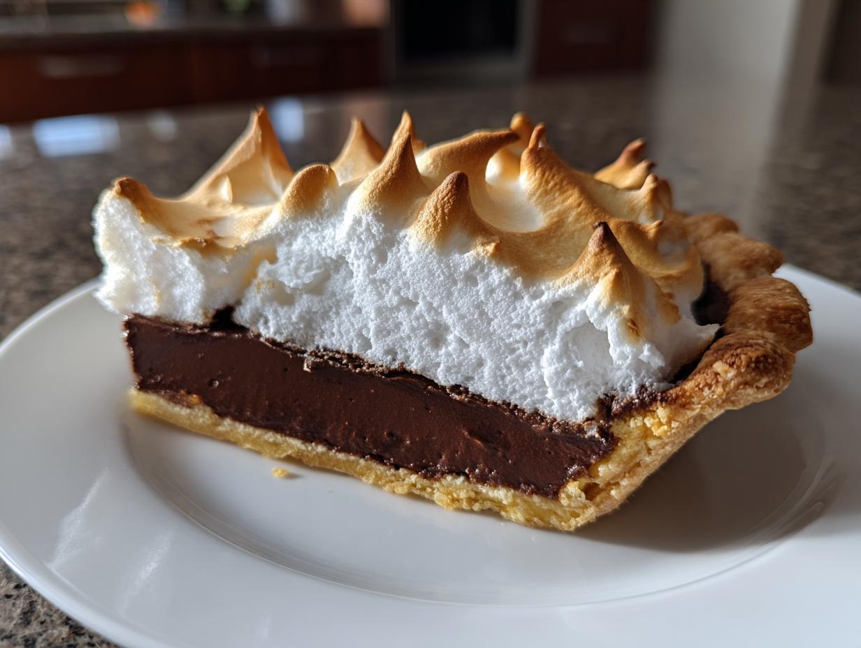 A perfect slice of chocolate meringue pie showing rich dark filling and tall, toasted meringue peaks.
