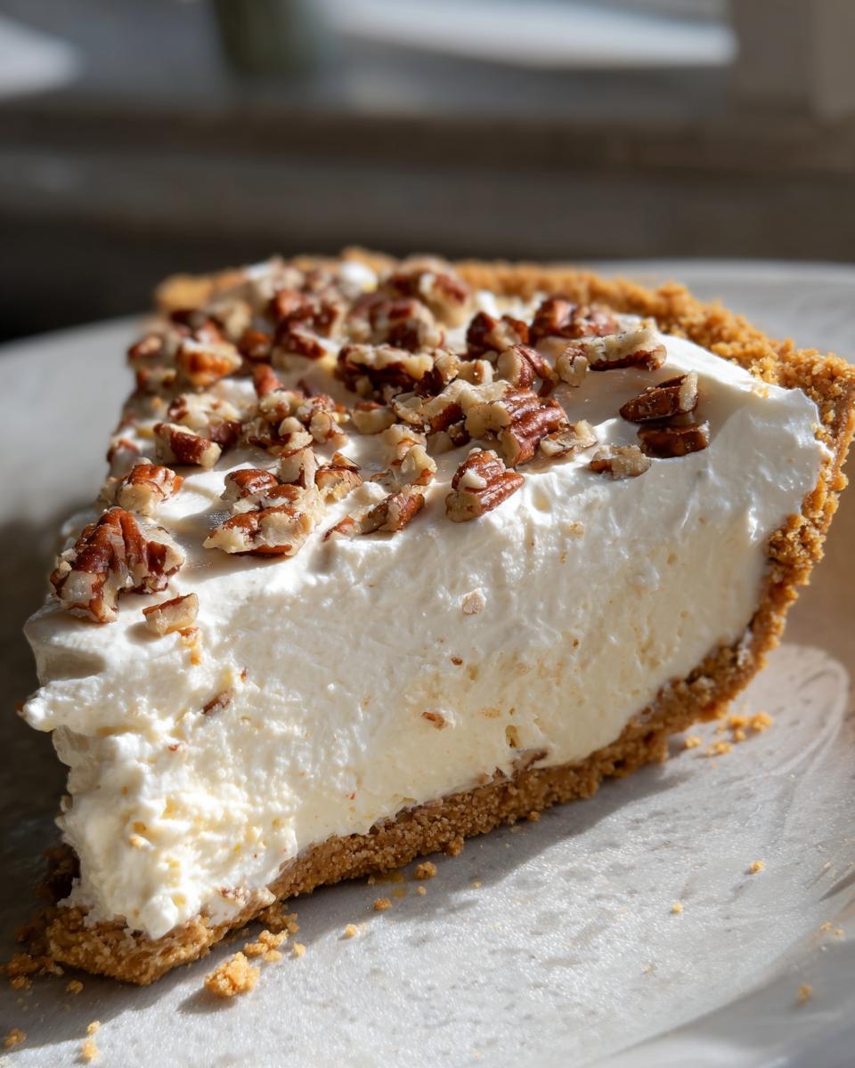 A close-up slice of creamy, no-bake million dollar pie on a white plate, topped with chopped pecans.
