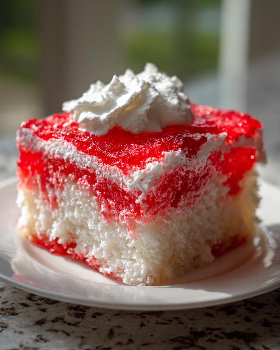 A moist slice of jello poke cake featuring white cake soaked in bright red gelatin, topped with whipped cream.