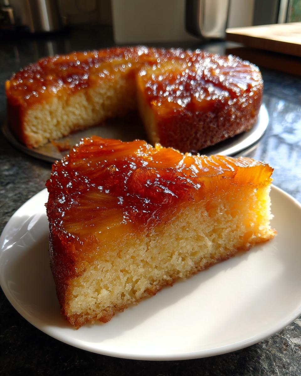 A close-up slice of moist pineapple upside down cake with a glossy caramelized topping on a white plate.