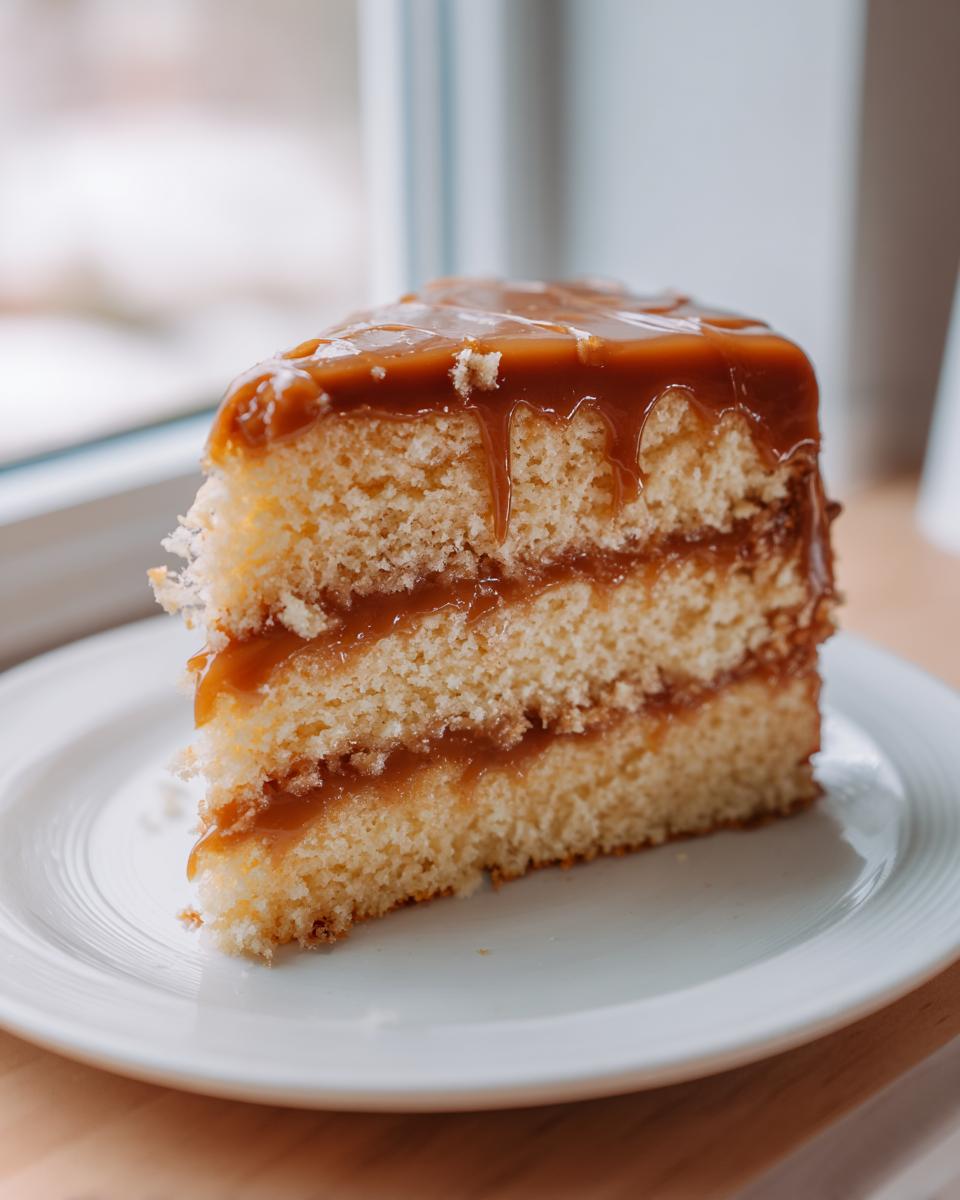 A delicious slice of three-layer caramel cake with thick caramel filling and dripping caramel glaze on top.