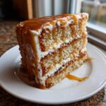 A tall slice of moist caramel cake layered with white frosting and generously drizzled with thick caramel sauce.