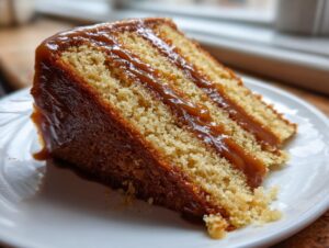 A moist slice of layered caramel cake with thick caramel filling and topping, served on a white plate.