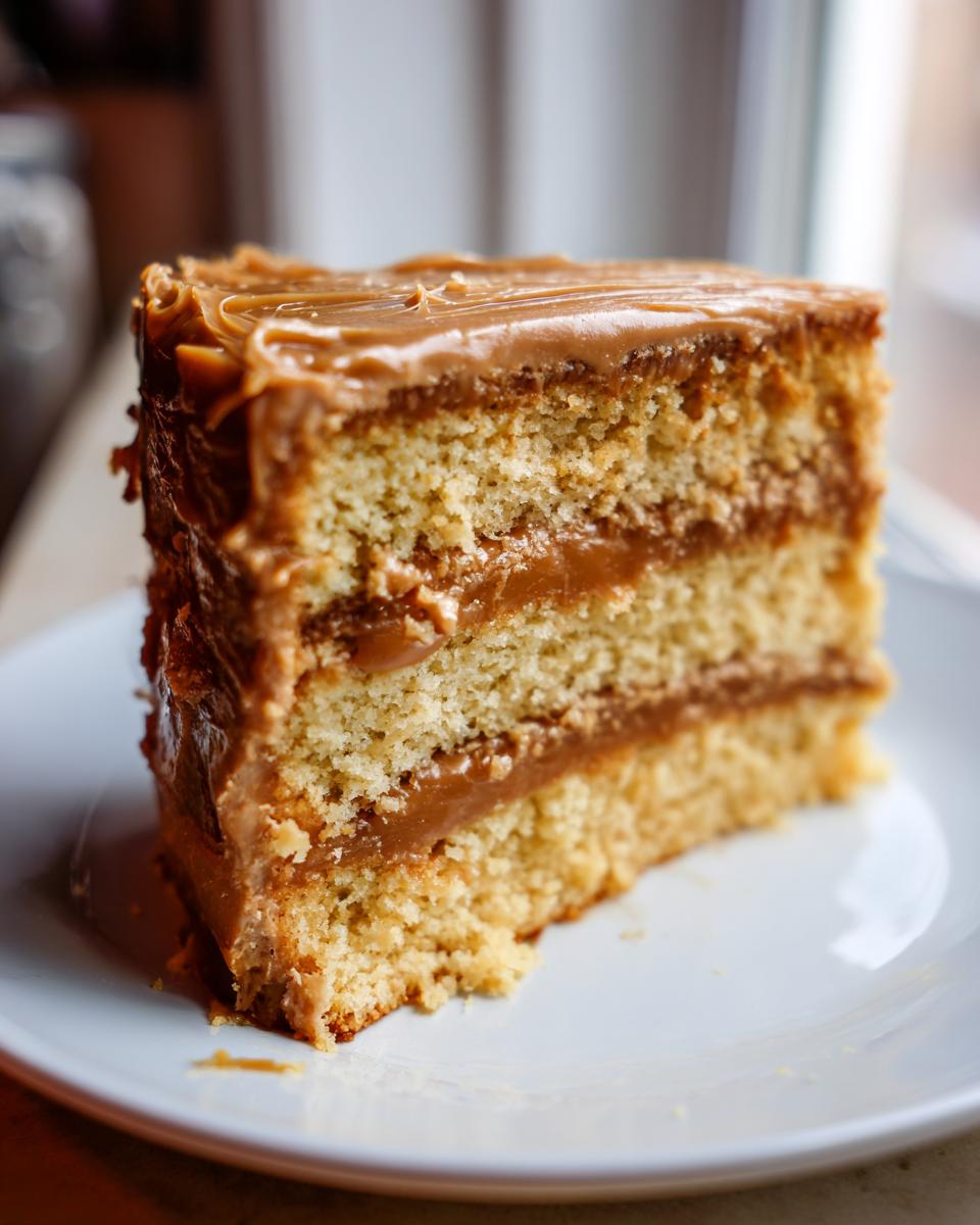 A close-up of a moist slice of caramel cake with two layers of filling.