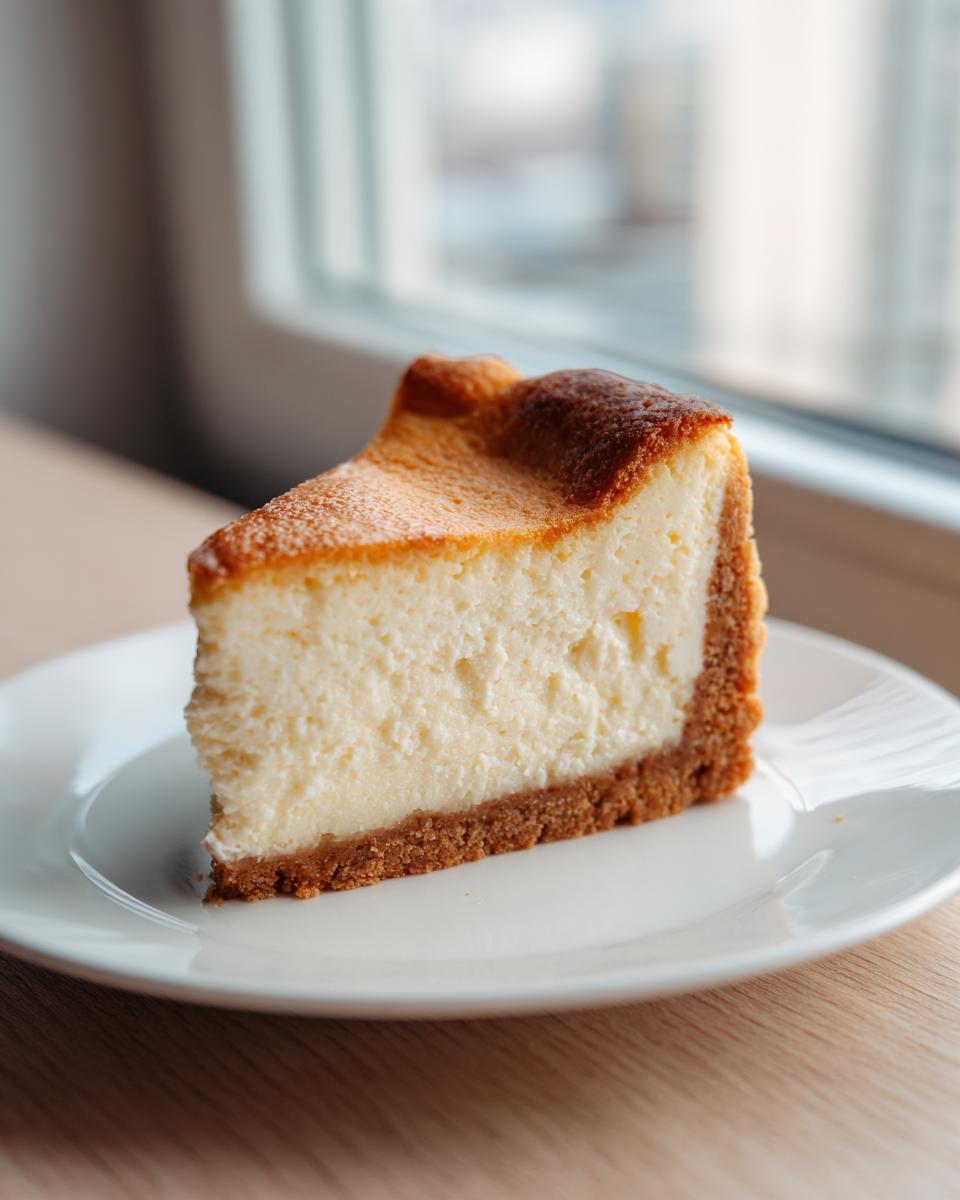 A close-up of a thick, creamy slice of cheesecake recipe on a white plate, featuring a graham cracker crust.