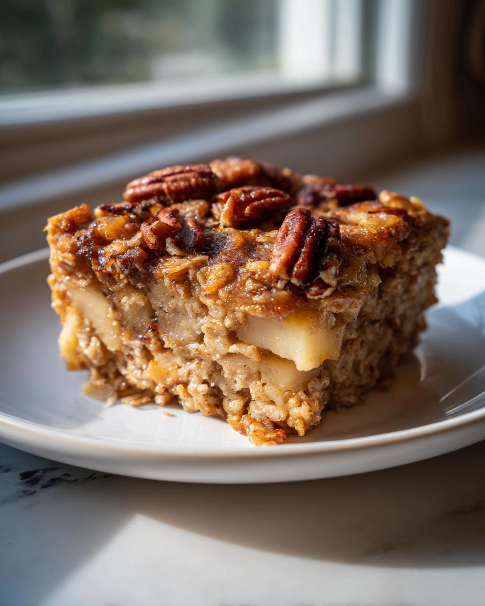 A square slice of moist baked oatmeal topped with pecans and visible chunks of apple.