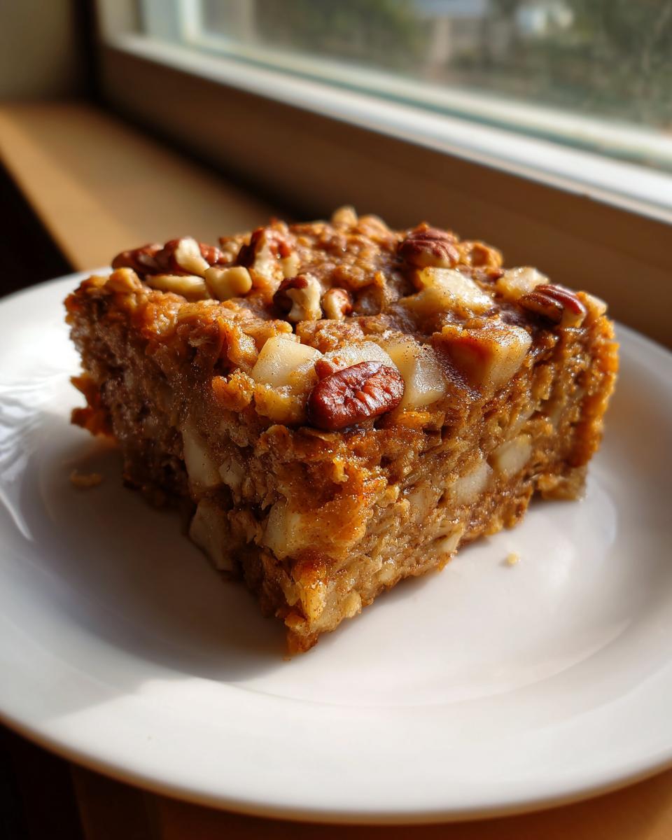 A square slice of moist baked oatmeal topped with pecans and diced apples, sitting on a white plate near a window.