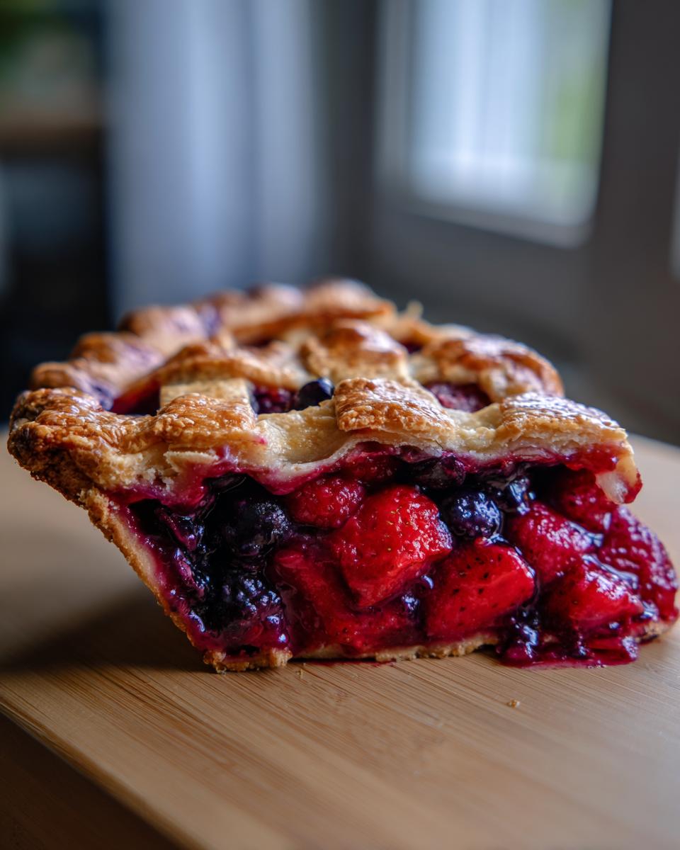 A close-up of a thick slice of triple berry pie showing juicy strawberries and blueberries under a golden lattice crust.