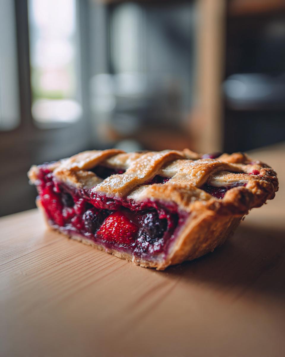 A close-up of a single slice of amazing triple berry pie showing the juicy berry filling and golden lattice crust.