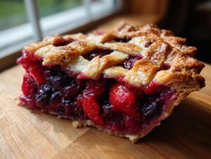 A close-up slice of amazing triple berry pie showing juicy filling and a golden lattice crust.