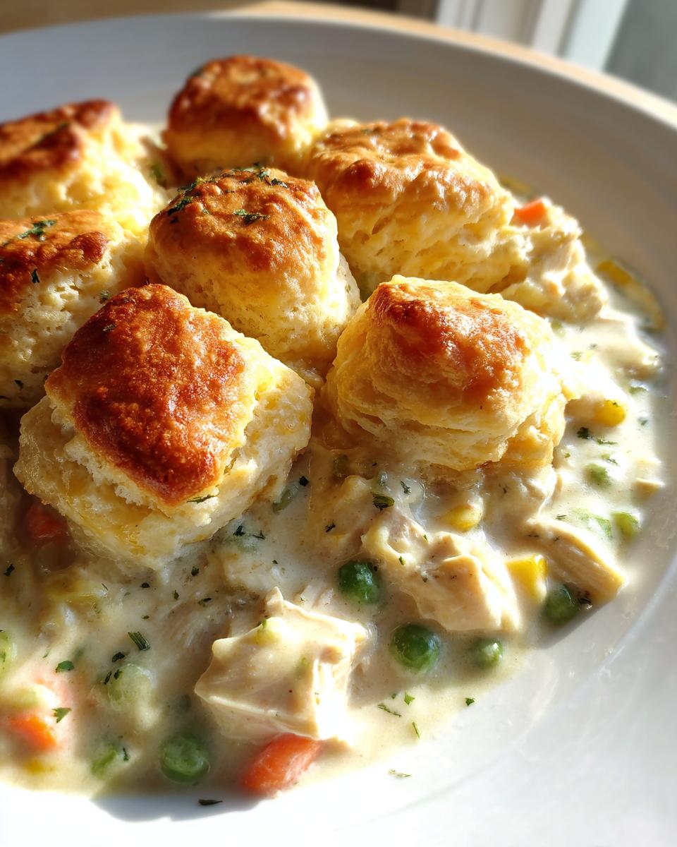 Close-up of golden biscuits topping creamy slow cooker chicken pot pie filling with peas and carrots.