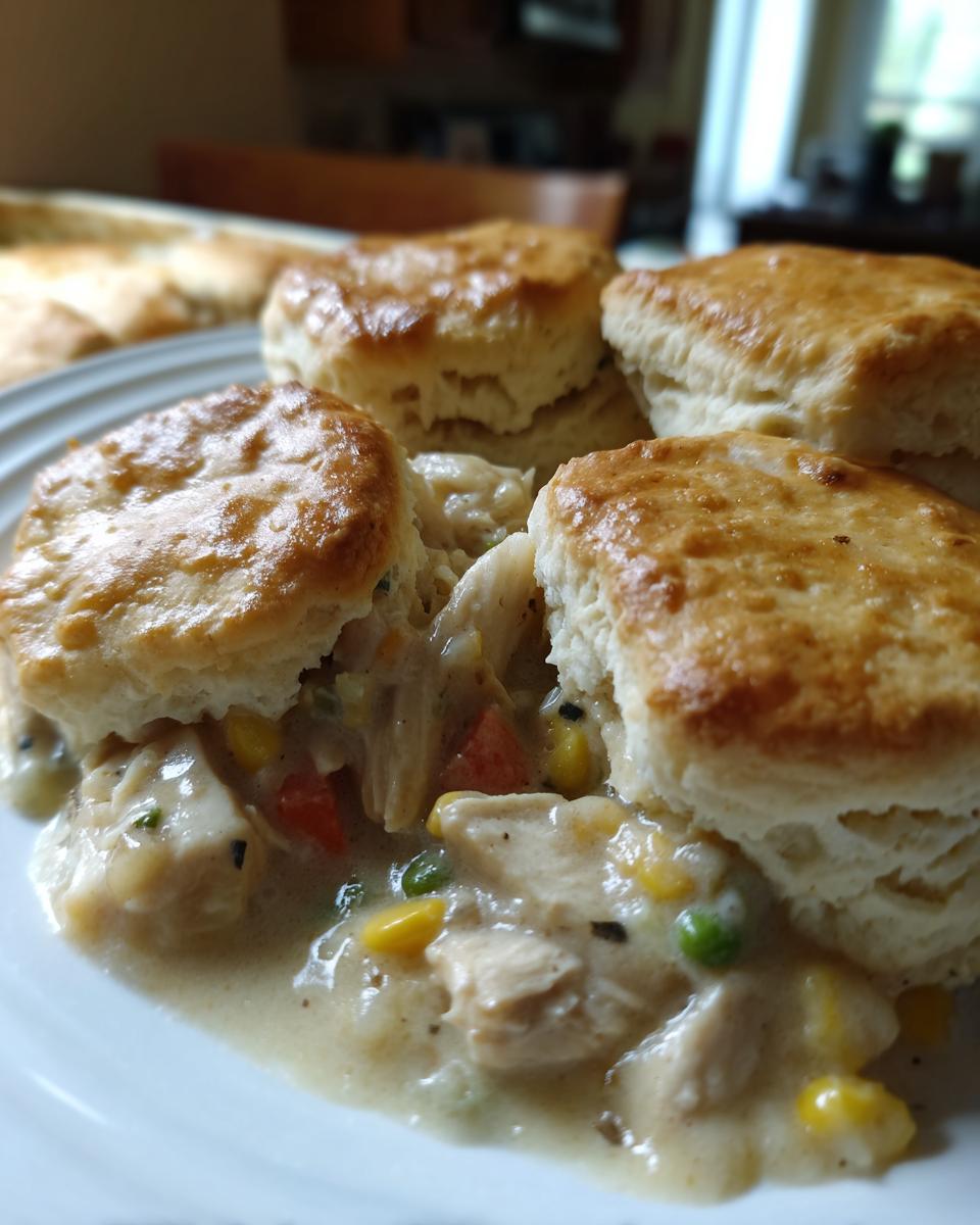 Close-up of a serving of creamy slow cooker chicken pot pie topped with golden brown biscuits on a white plate.