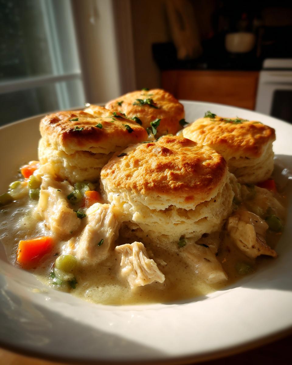 A bowl of creamy slow cooker chicken pot pie filling topped with four golden biscuits and parsley.
