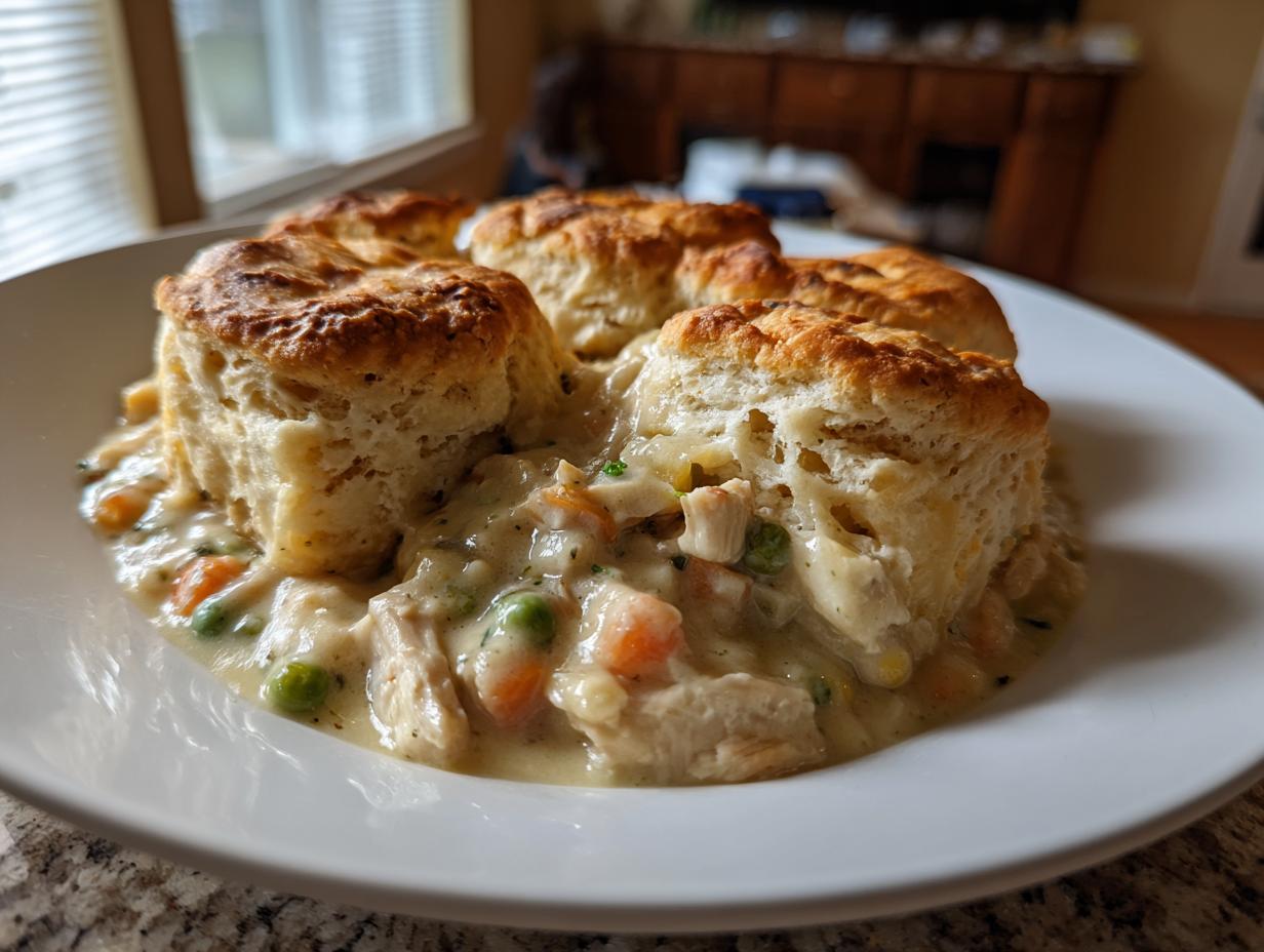 A serving of creamy slow cooker chicken pot pie topped with four golden brown biscuits on a white plate.