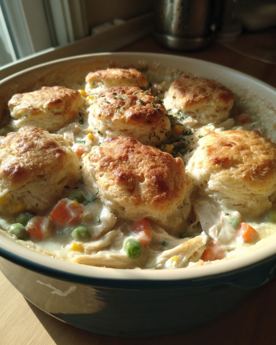 A close-up of a slow cooker chicken pot pie topped with six golden, fluffy biscuits nestled in creamy chicken and vegetable filling.