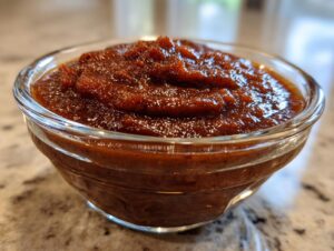 Close-up of thick, dark brown pear butter served in a small clear glass bowl.