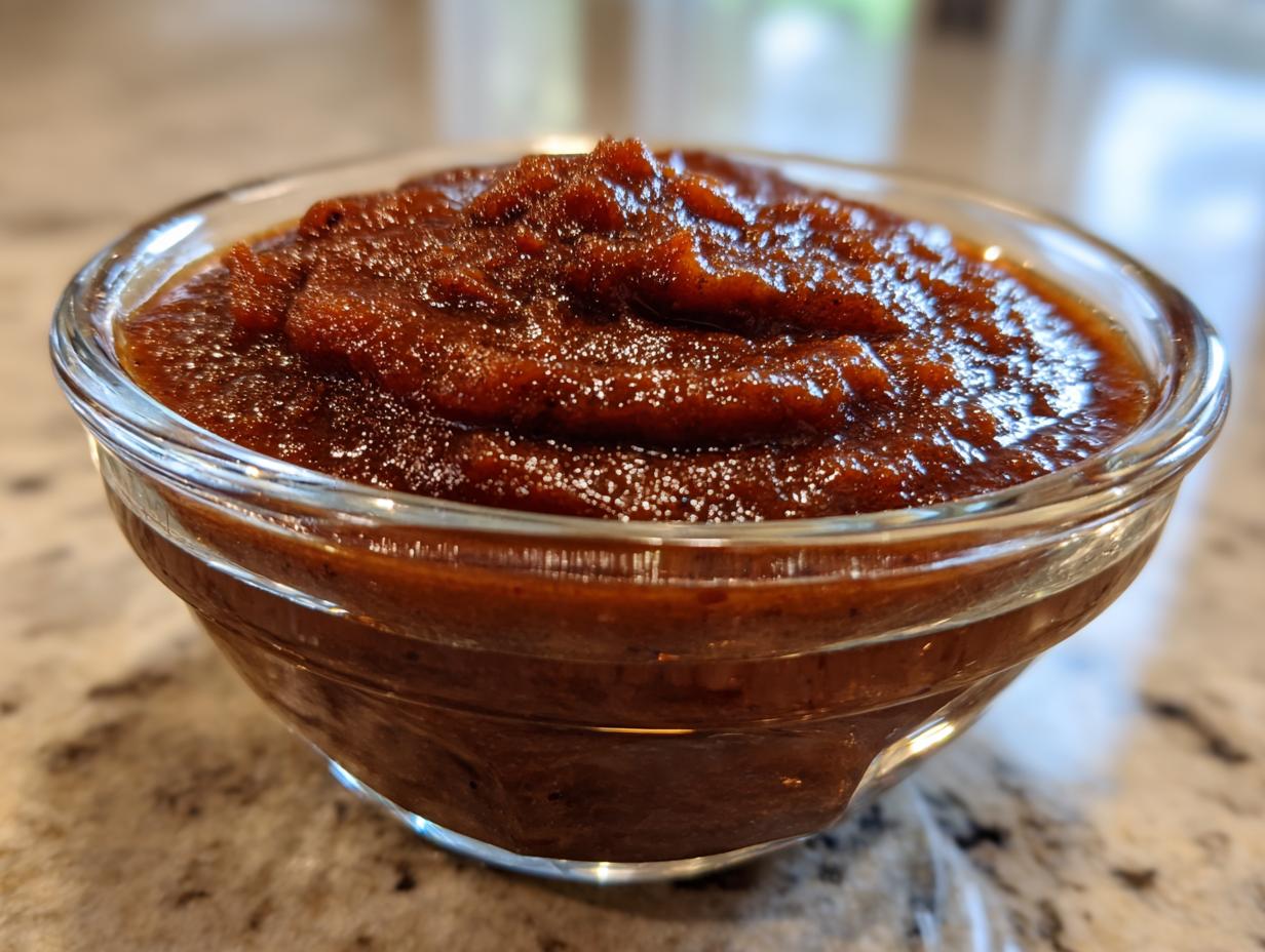 Close-up of thick, dark brown pear butter served in a small clear glass bowl.