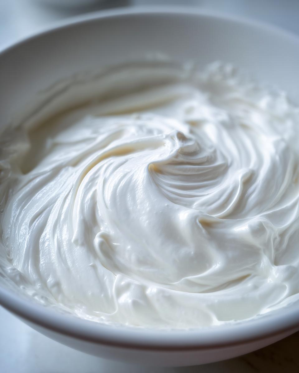 Close-up of smooth, bright white, freshly mixed sugar cookie icing with soft swirls in a white bowl.