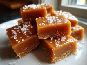 Close-up of several soft caramels stacked, topped generously with flaky sea salt.