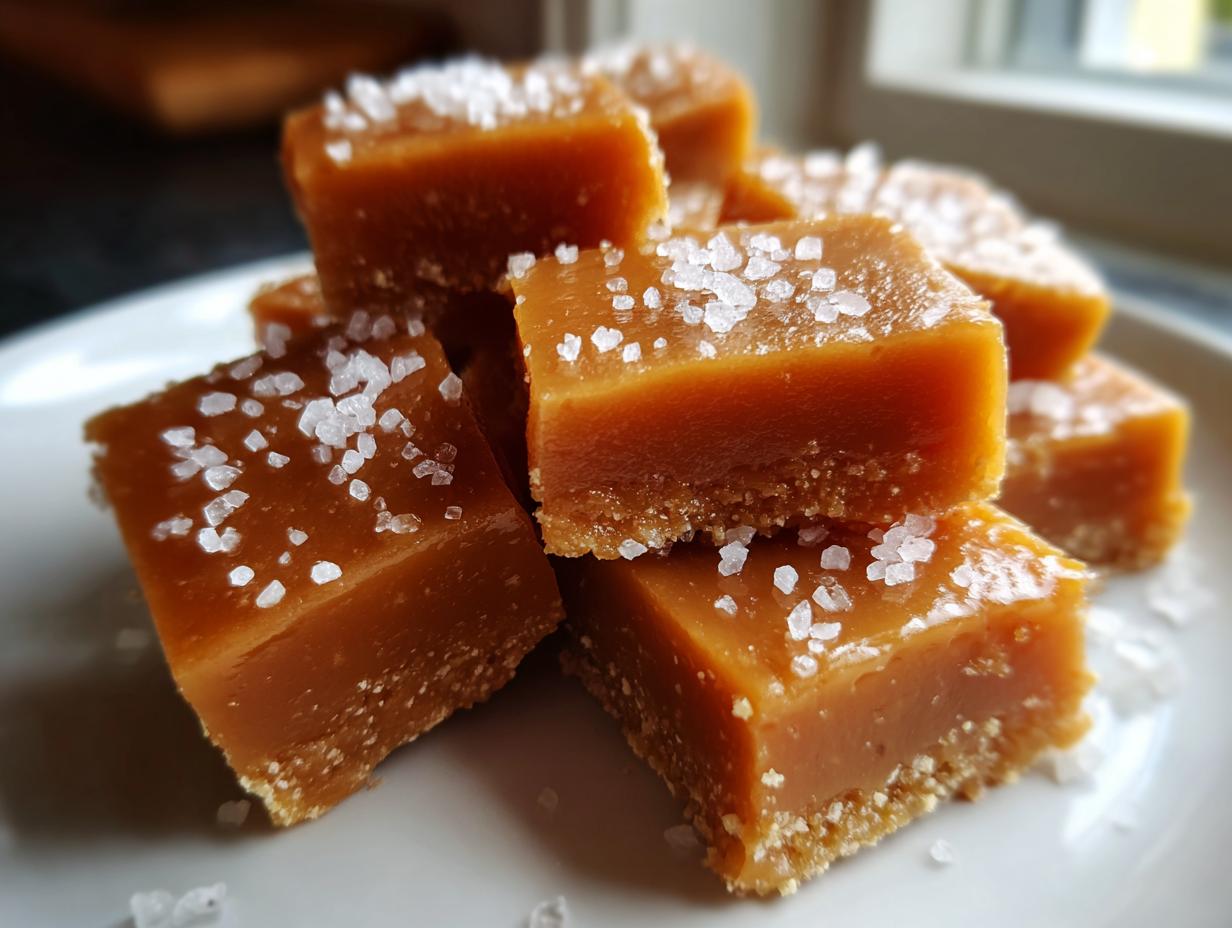 Close-up of several soft caramels stacked, topped generously with flaky sea salt.