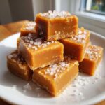 Close-up of a stack of soft, chewy caramels topped generously with flaky sea salt.