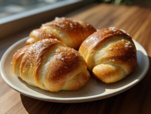 Three golden brown, soft pretzel dogs rolls sprinkled with coarse salt resting on a light-colored plate.