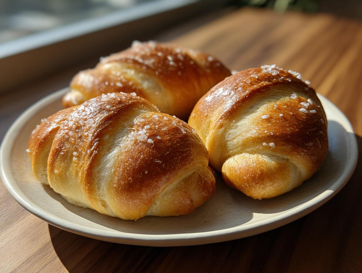 Three golden brown, soft pretzel dogs rolls sprinkled with coarse salt resting on a light-colored plate.