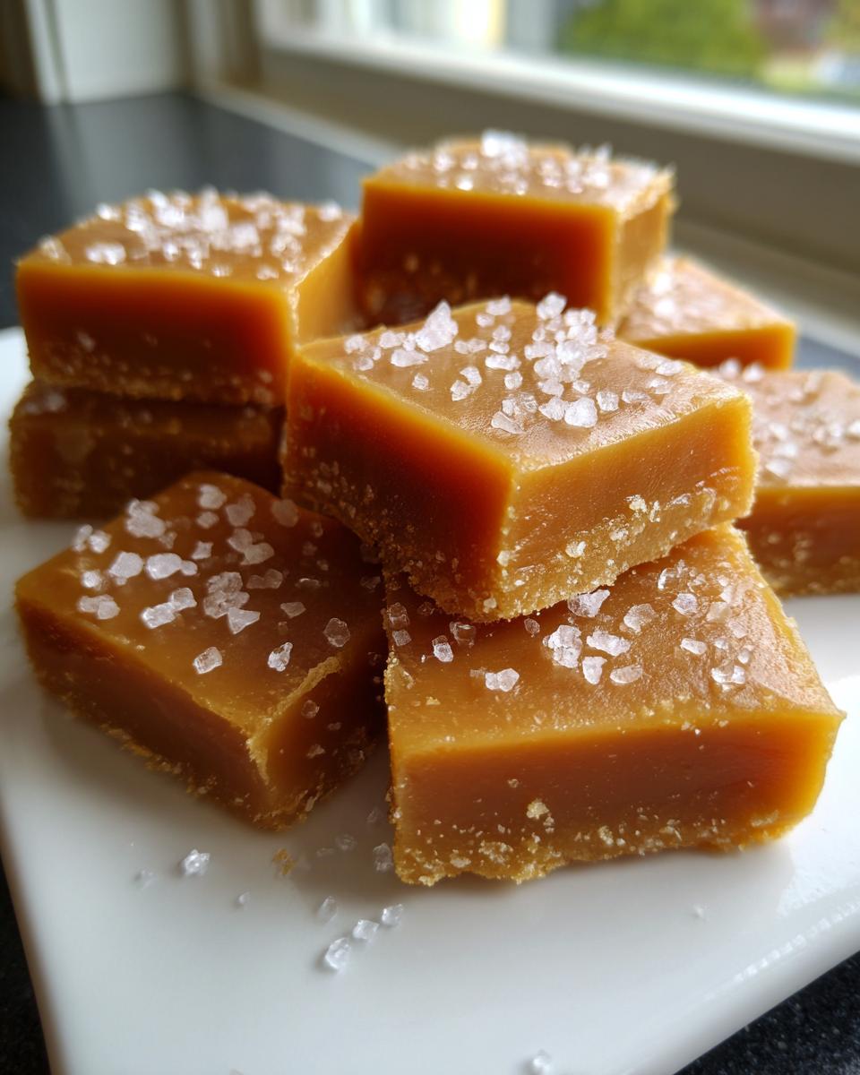 A stack of homemade, soft caramels topped generously with flaky sea salt crystals.