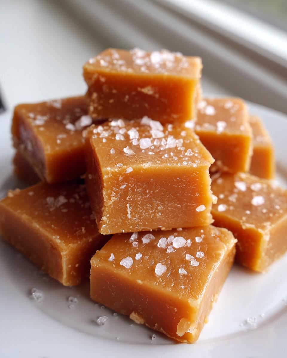 A stack of soft, square, homemade caramels topped with flaky sea salt on a white plate.