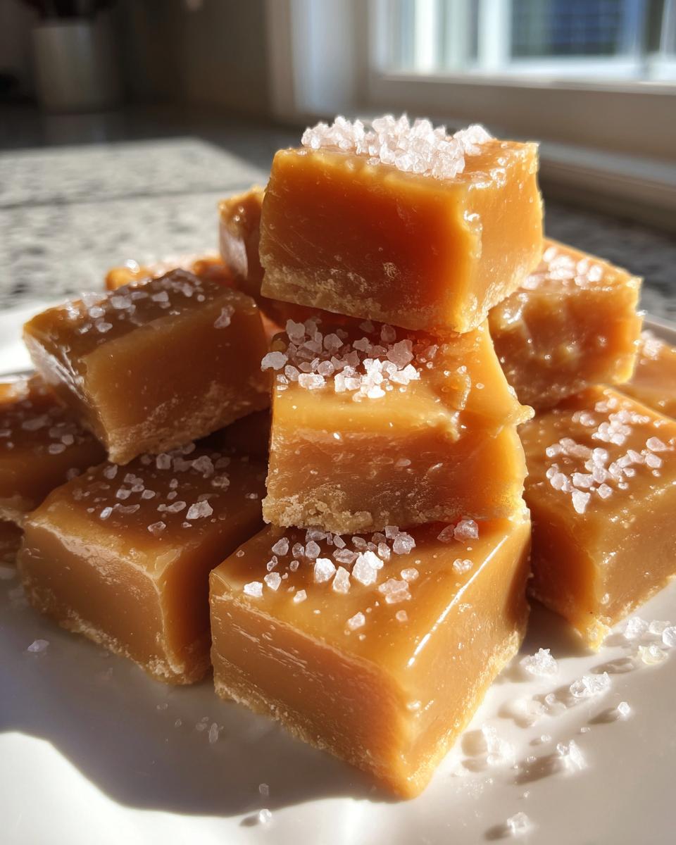 Close-up of soft, chewy caramels stacked high and topped with flaky sea salt.