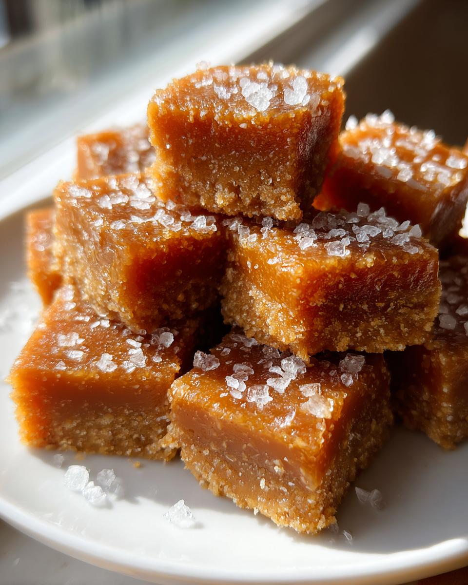 Close-up of a stack of soft, square caramels topped with flaky sea salt, ready to eat.