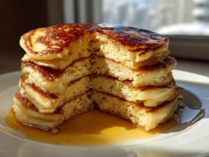 A tall stack of fluffy sourdough discard pancakes, cut open to show the texture, drenched in golden syrup.