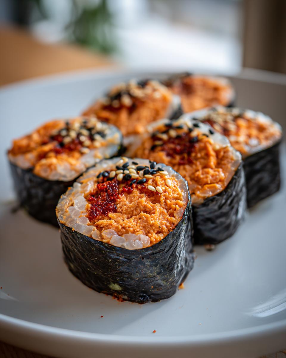 Five slices of spicy tuna kimbap, wrapped in dark nori, topped with sesame seeds and chili paste, served on a white plate.