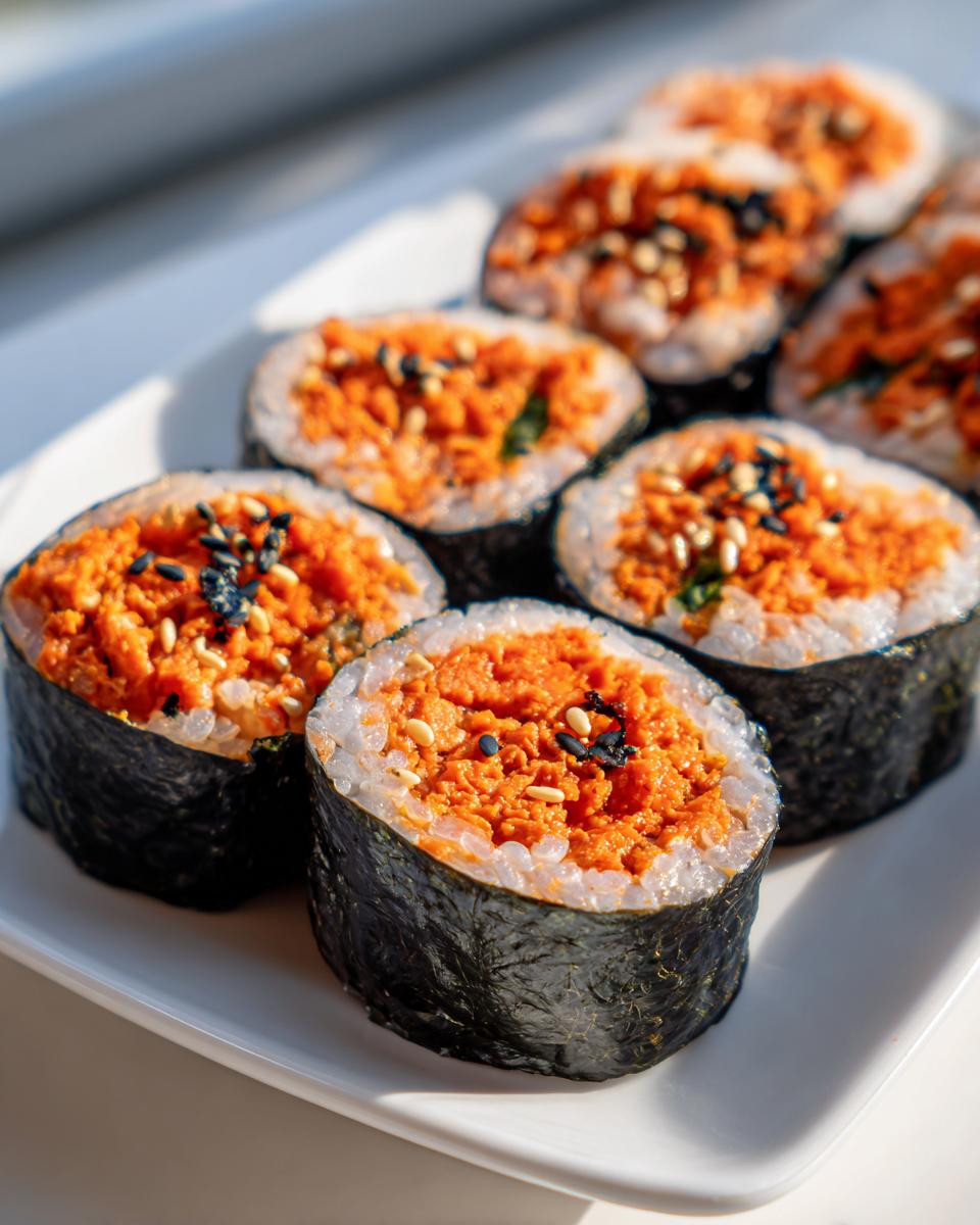 Several freshly cut slices of vibrant orange spicy tuna kimbap sprinkled with sesame seeds on a white plate.