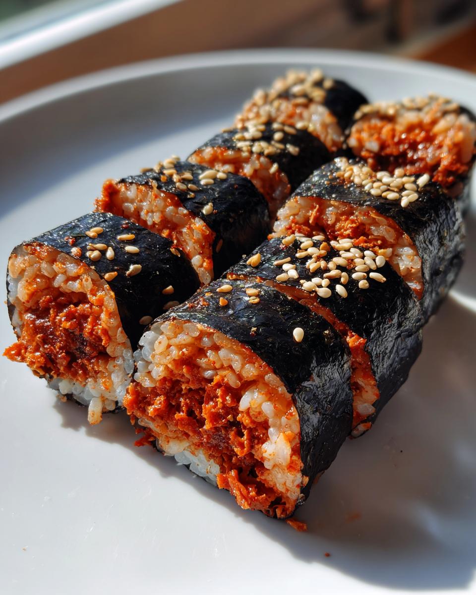 Slices of homemade tuna kimbap featuring a bright red, spicy filling, sprinkled with sesame seeds, resting on a white plate.