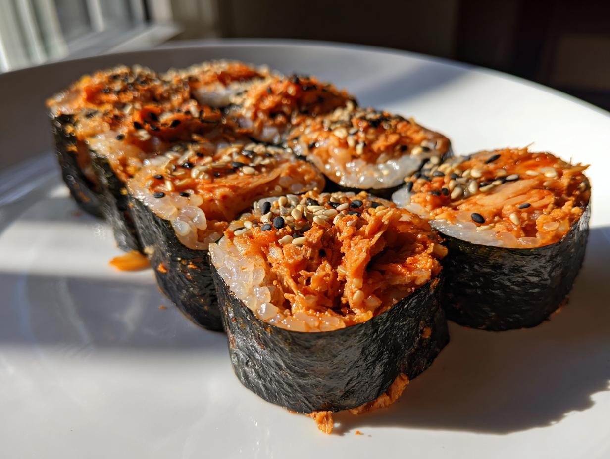 Five slices of homemade tuna kimbap, featuring a vibrant orange spicy filling and topped with black and white sesame seeds, resting on a white plate.