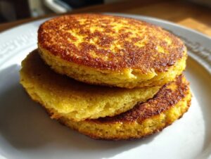 A stack of three golden brown, perfectly round pieces of fried cornbread sitting on a white plate.