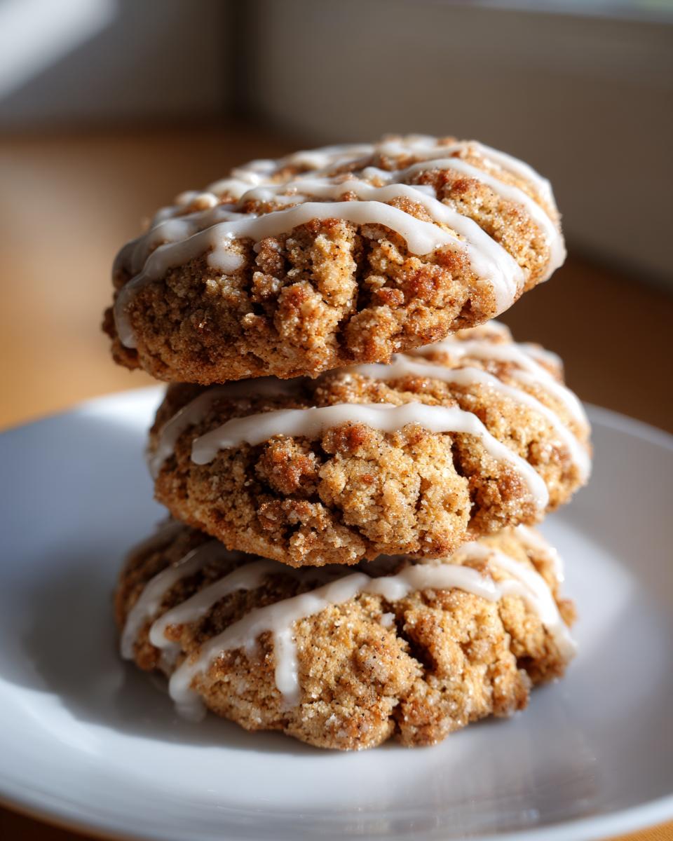 A stack of three soft, crumbly coffee cake cookies drizzled with white vanilla icing, served on a white plate.