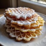 A stack of golden, crispy pizzelle cookies liberally dusted with white powdered sugar, sitting on a white plate.