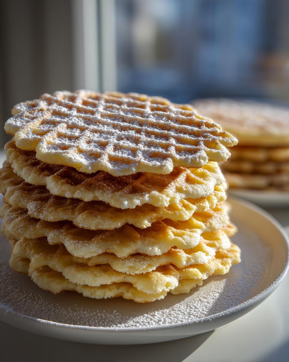 A tall stack of golden brown pizzelle cookies dusted generously with powdered sugar, sitting on a white plate.