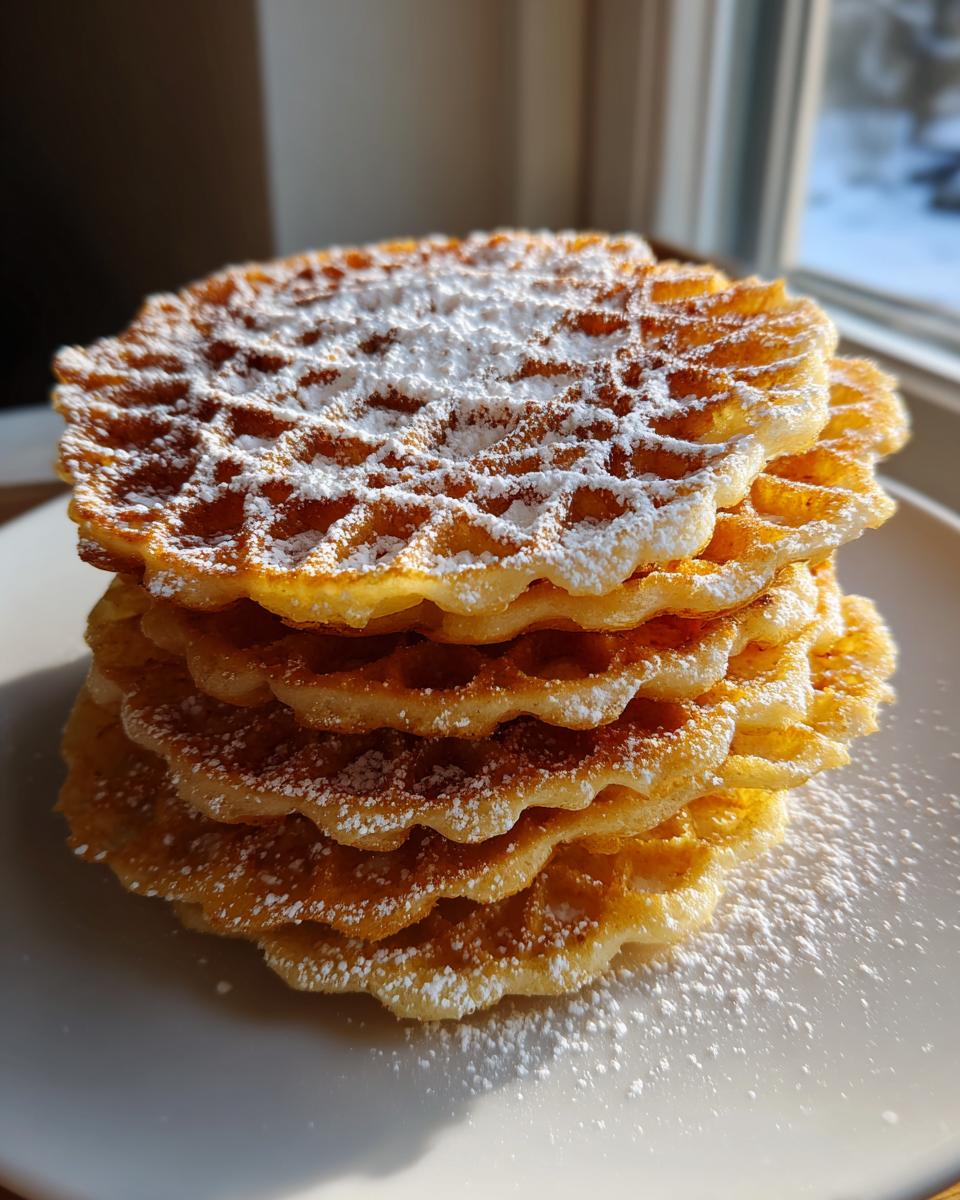 A tall stack of golden brown pizzelle cookies, dusted generously with white powdered sugar, sitting on a white plate.