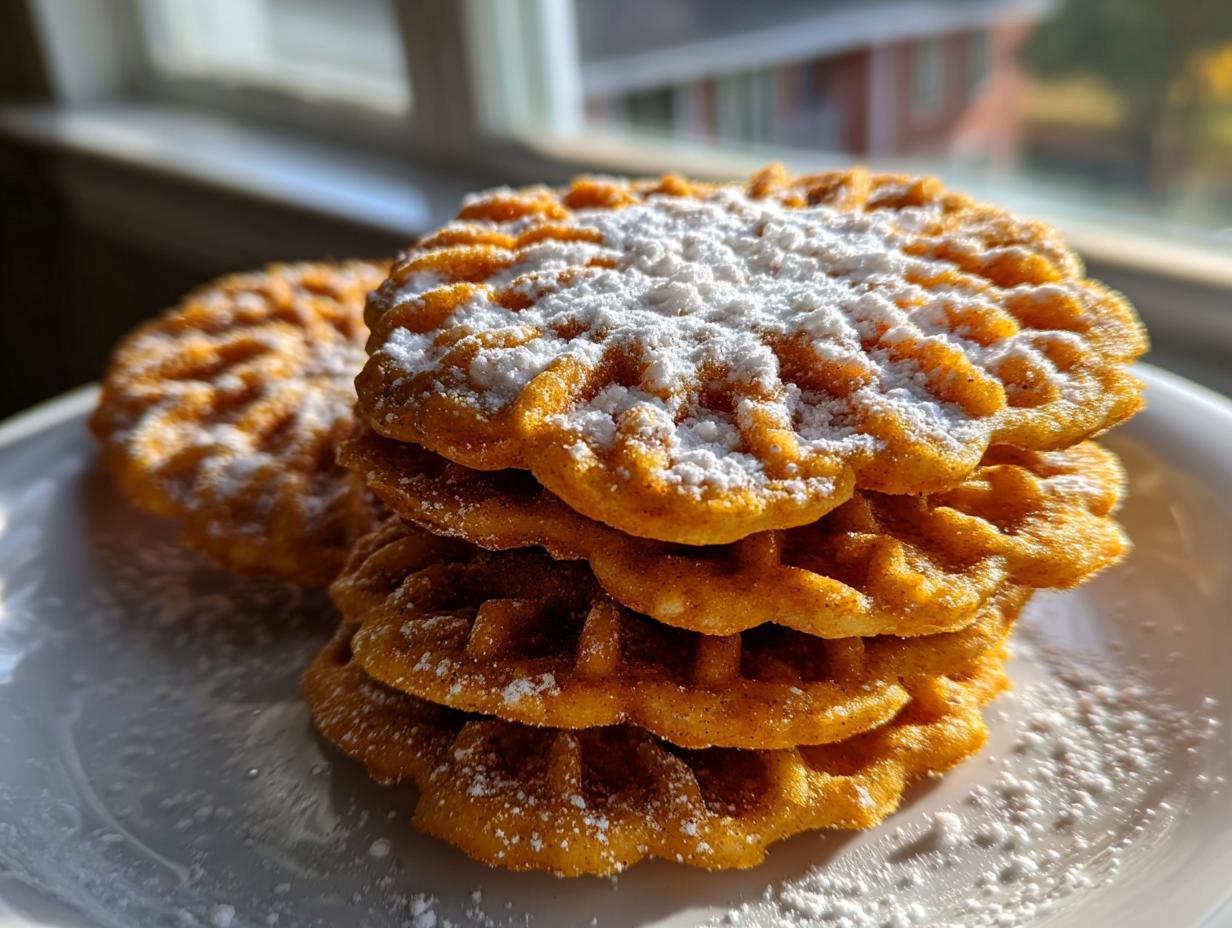 A stack of golden brown pizzelle cookies dusted heavily with white powdered sugar on a white plate.