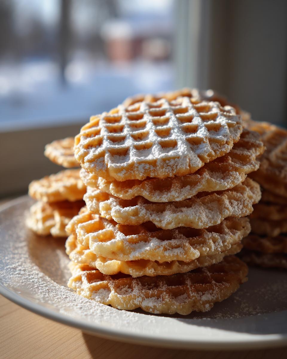 A tall stack of crisp, golden pizzelle cookies dusted heavily with powdered sugar on a white plate.