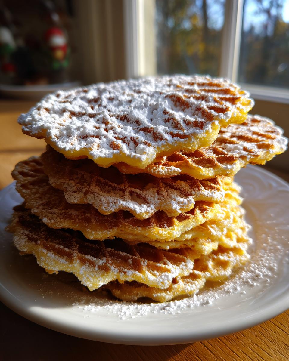A tall stack of golden brown pizzelle cookies dusted heavily with powdered sugar, resting on a white plate.