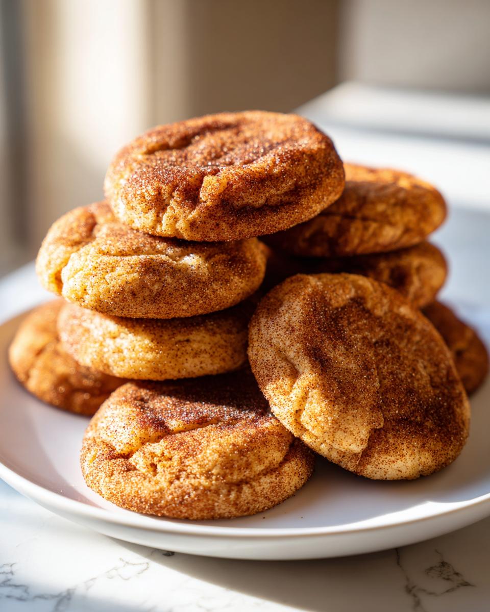 A close-up stack of soft, chewy pumpkin snickerdoodle cookies coated in cinnamon sugar.
