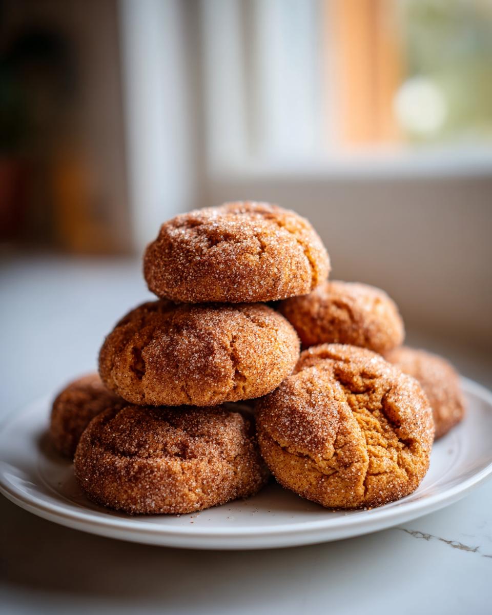 A close-up stack of soft, warmly spiced pumpkin snickerdoodle cookies coated in cinnamon sugar on a white plate.