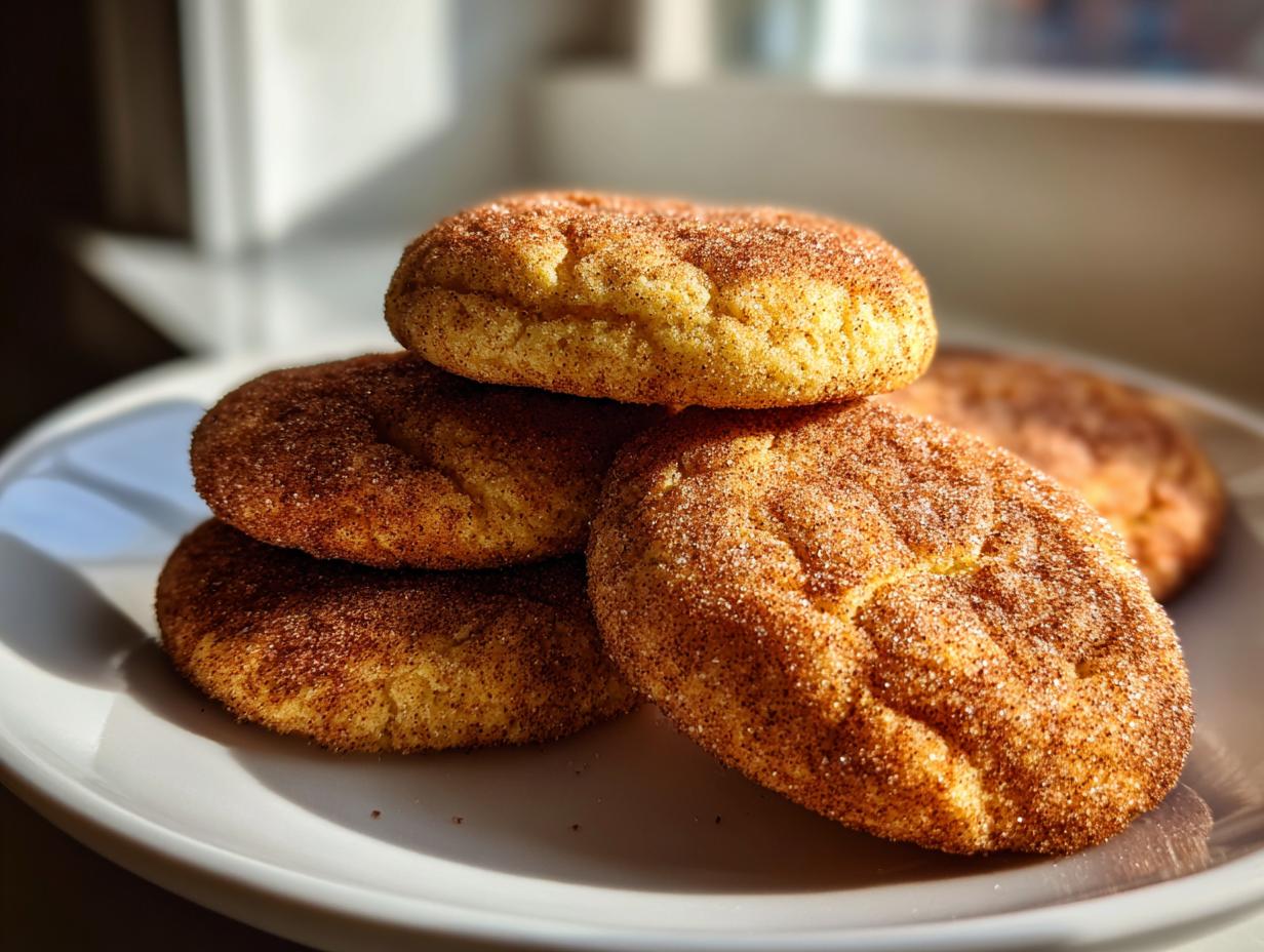 A stack of four soft, thick pumpkin snickerdoodle cookies heavily coated in cinnamon sugar, sitting on a white plate.