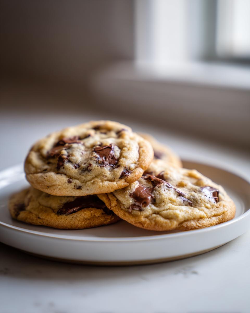 A stack of four freshly baked vegan chocolate chip cookies with melted chocolate chunks on a light plate.